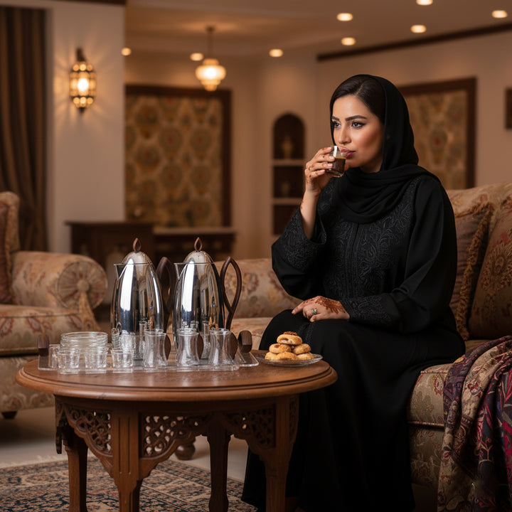 Woman in a black abaya sitting in a decorated room with a wooden table and glasses.