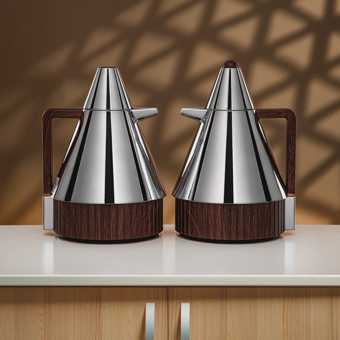 FG214AB-CDW Vacuum Flask Set – 2 Pieces (1.0 L + 1.0 L) – Silver with Dark Wood Accents
