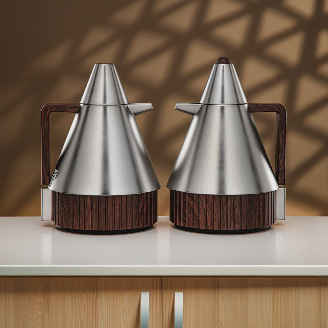 FG214AB-MNIDW Vacuum Flask Set – 2 Pieces (1.0 L + 1.0 L) – Matt Nickel Finish with Dark Wood Accents