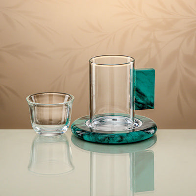 FG816-18 Tea & Cawa Cup Set – 18 Pieces – Clear Borosilicate Glass with Tiffany Green Accents | Siddiq Gifts – Mussafah Abu Dhabi
