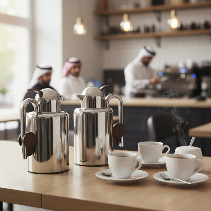 Silver coffee pots and white cups on a wooden table with a blurred cafe background