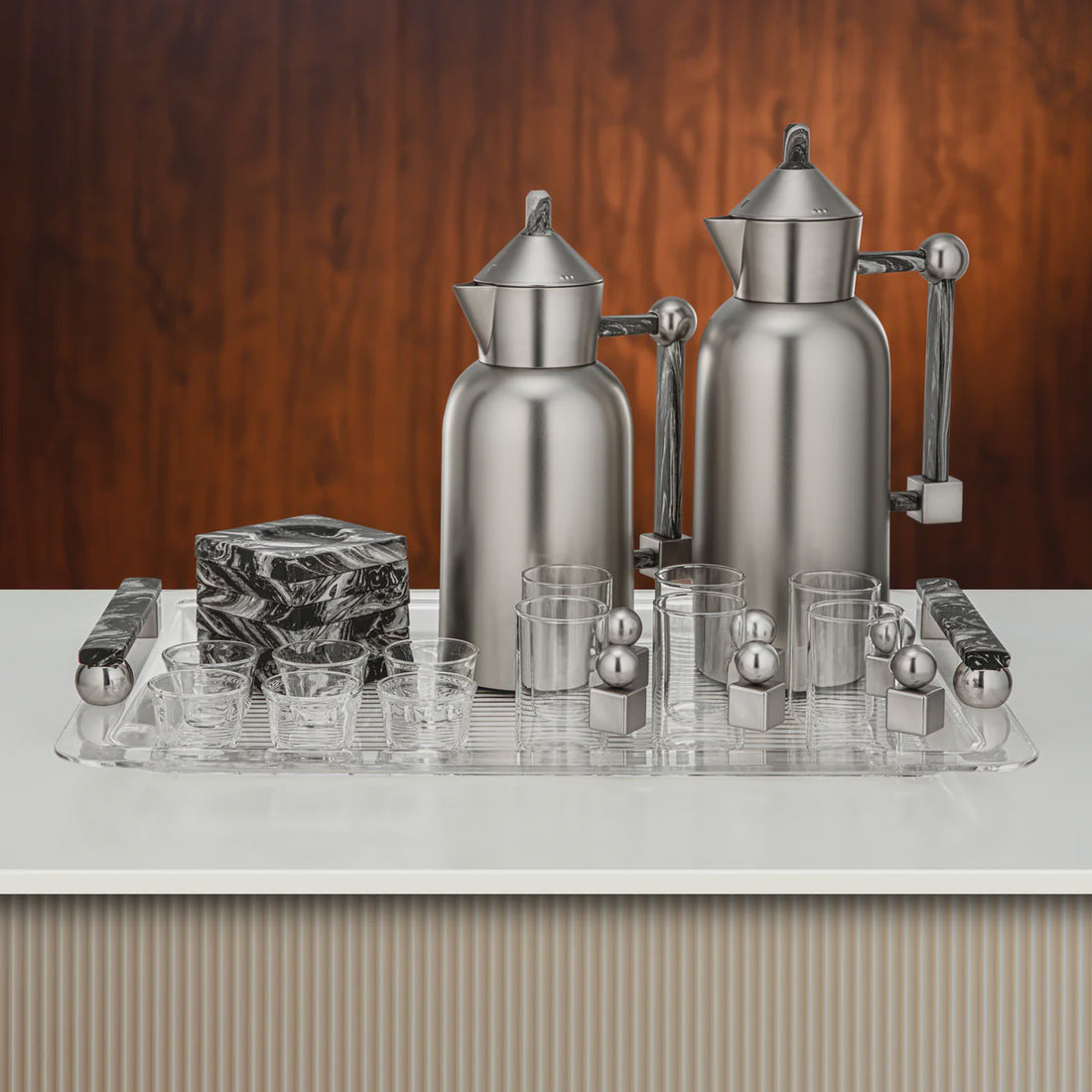 FG821-21-MNI-BWM Vacuum Flask Set – 21 Pieces – Matte Nickel with Black Marble Accents
