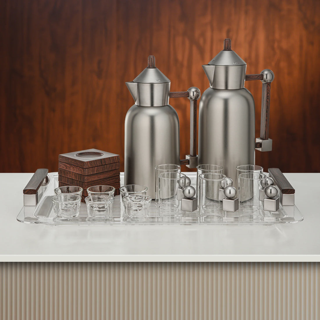FG821-21-MNI-DW Vacuum Flask Set – 21 Pieces – Matte Nickel with Wooden Accents
