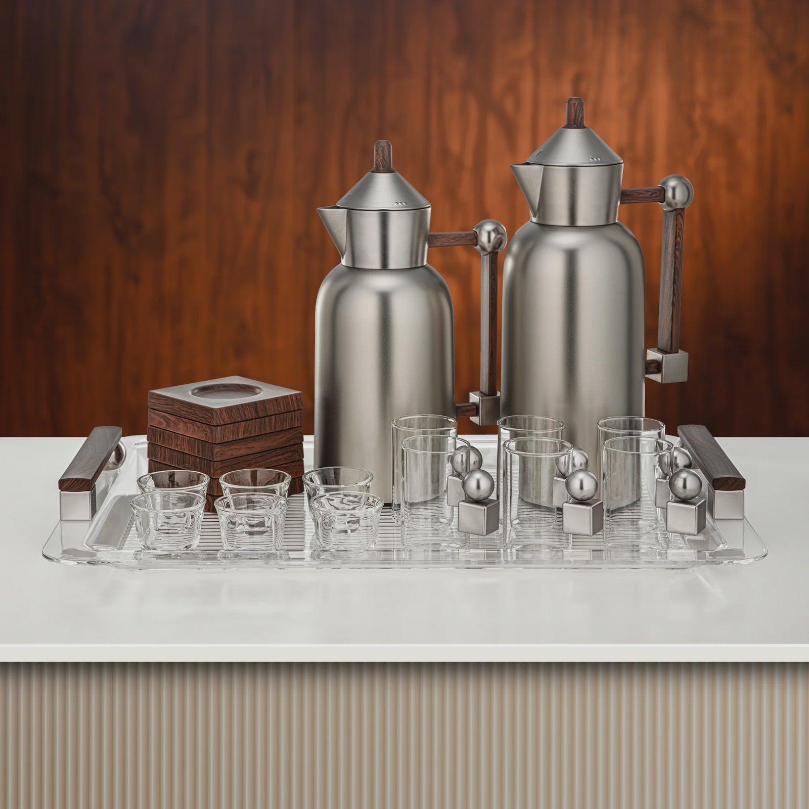 FG821-21-MNI-DW Vacuum Flask Set – 21 Pieces – Matt Nickel with Wooden Accents | Siddiq Gifts – Mussafah Abu Dhabi