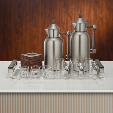 FG821-21-MNI-DW Vacuum Flask Set – 21 Pieces – Matt Nickel with Wooden Accents | Siddiq Gifts – Mussafah Abu Dhabi