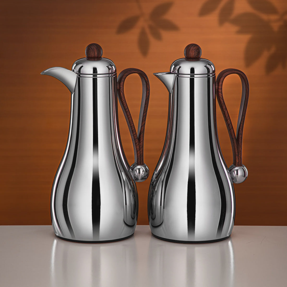 FG824-C/DW Vacuum Flask Set – 2 Pieces (1.0 L + 1.0 L) – Silver with Dark Wood Accents