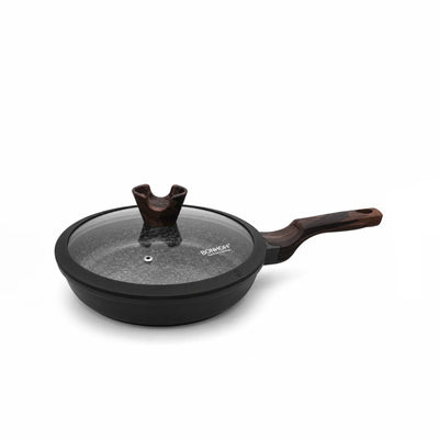 Stylish Fry Pan With Glass Lid In Black Featuring A Comfortable Wood-Style Handle And Matching Lid Knob, Ideal For Frying, Sautéing, Searing, And Preparing Everyday Meals At Siddiq Gifts.