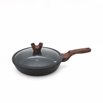 Stylish Fry Pan With Lid In Black Featuring A Comfortable Wood-Style Handle, Ideal For Frying, Sautéing, Searing, And Preparing A Variety Of Everyday Meals At Siddiq Gifts.