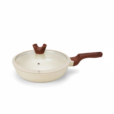 Elegant Fry Pan With Lid In Cream Featuring A Comfortable Wood-Style Handle, Ideal For Frying, Sautéing, Searing, And Preparing A Variety Of Everyday Meals At Siddiq Gifts.