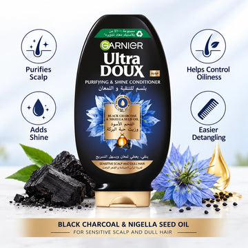 Garnier Ultra Doux Black Charcoal & Nigella Seed Oil Balancing Conditioner, 360 ml, for Greasy Scalp and Dry Lengths, Ideal for Softer, Fresher, and More Manageable Hair at Siddiq Gifts.