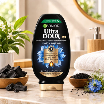 Garnier Ultra Doux Black Charcoal & Nigella Seed Oil Balancing Conditioner, 360 ml, for Greasy Scalp and Dry Lengths, Ideal for Softer, Fresher, and More Manageable Hair at Siddiq Gifts.