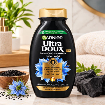 Garnier Ultra Doux Black Charcoal & Nigella Seed Oil Balancing Shampoo, 200 ml, for Greasy Scalp and Dry Lengths, Ideal for Fresh, Soft, and More Manageable Hair at Siddiq Gifts.