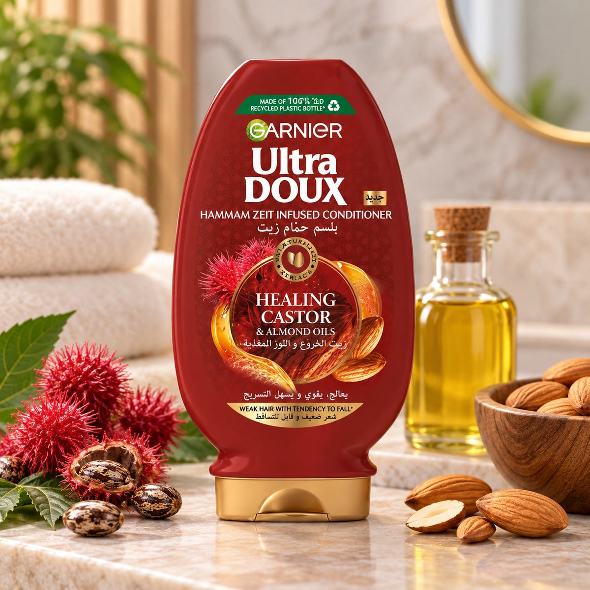 Garnier Ultra Doux Restoring Castor & Almond Oils Hammam Zeit Infused Conditioner, 360 ml, for Weak Hair Prone to Fall, Ideal for Softer, Stronger, and More Manageable Hair at Siddiq Gifts.