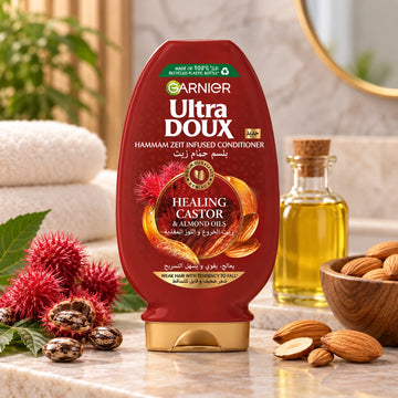 Garnier Ultra Doux Restoring Castor & Almond Oils Hammam Zeit Infused Conditioner, 360 ml, for Weak Hair Prone to Fall, Ideal for Softer, Stronger, and More Manageable Hair at Siddiq Gifts.