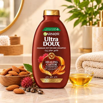 Garnier Ultra Doux Restoring Castor & Almond Oils Hammam Zeit Infused Shampoo, 200 ml, for Weak Hair Prone to Fall, Ideal for Softer, Stronger, and More Manageable Hair at Siddiq Gifts.