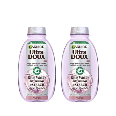 Garnier Ultra Doux Rice Water Infusion & Starch Smoothing Shampoo, 2 × 400 ml, for Long Hair, Ideal for Softer, Sleeker, and More Manageable Hair at Siddiq Gifts.