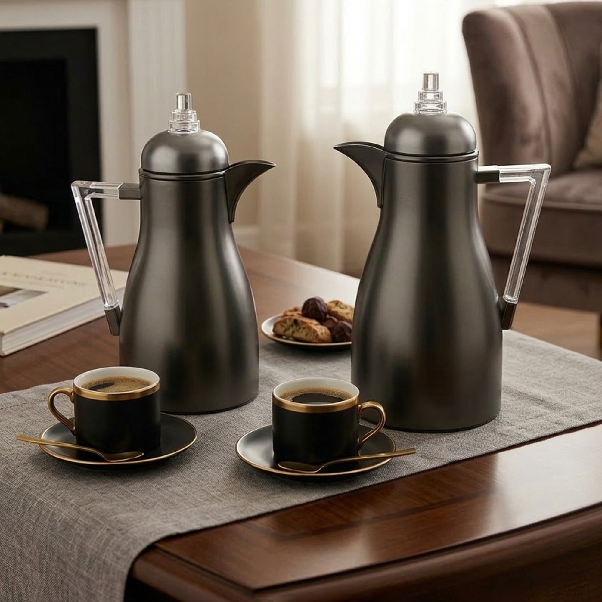 GKT-MBN-CLR vacuum flask set 2 pieces matte black thermal flasks with clear handle and accents from Siddiq Gift Shop
