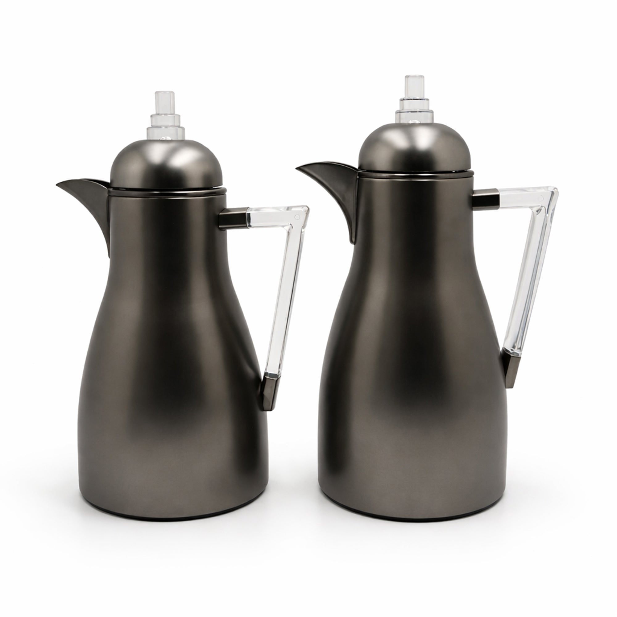 GKT-MBN-CLR vacuum flask set 2 pieces matte black thermal flasks with clear handle and accents from Siddiq Gift Shop