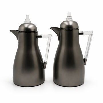 GKT-MBN-CLR vacuum flask set 2 pieces matte black thermal flasks with clear handle and accents from Siddiq Gift Shop
