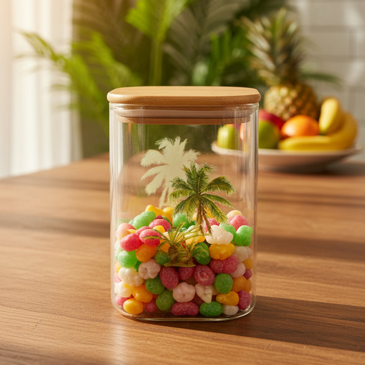 Glass jar with colorful candies and a wooden lid on a wooden table, with a tropical scene inside.