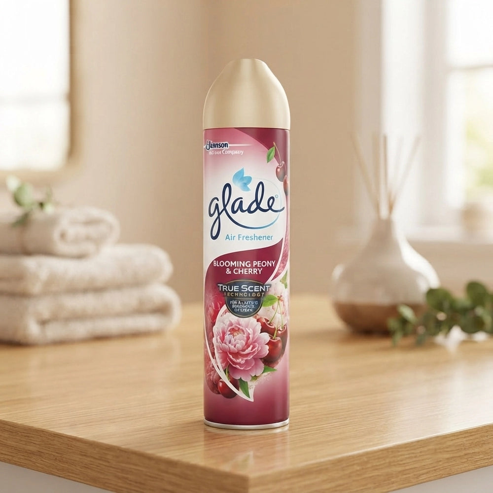 A can of Glade Air Freshener, Blooming Peony & Cherry, standing on a light wooden table in a softly lit bathroom or bedroom setting with folded towels and a reed diffuser in the background.