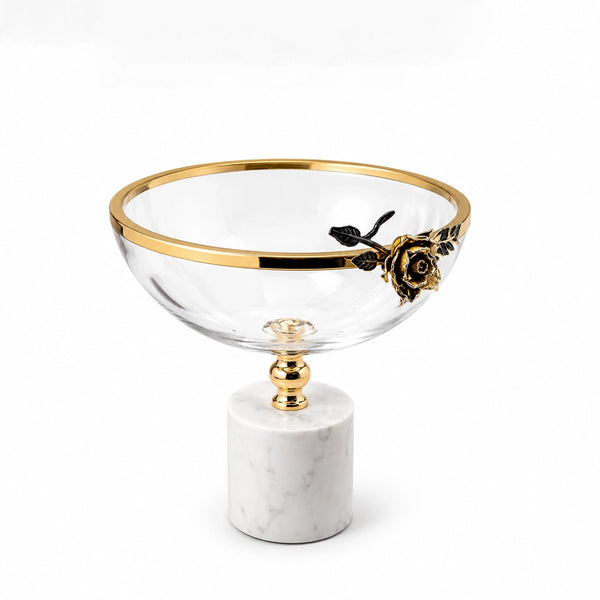 Glass Fruit Bowl 25 X 26 CM Clear Glass Bowl With Gold Rim And Marble Base Siddiq Gifts