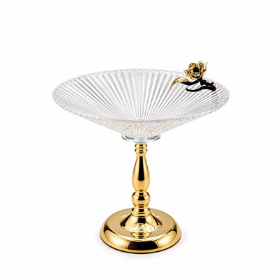 Glass Fruit Bowl 30 × 28 CM Ribbed Glass with Gold Pedestal Base Siddiq Gifts