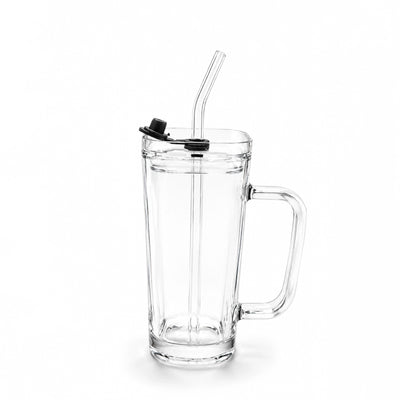 Glass Juice Mug With Lid And Glass Straw 200 ml Clear Glass Siddiq Gifts