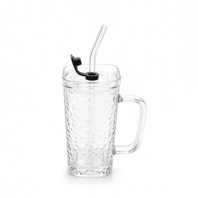 Glass Juice Mug With Lid And Glass Straw 200 ml Clear Hammered Glass Siddiq Gifts