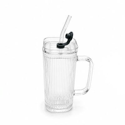 Glass Juice Mug With Lid And Glass Straw 200 ml Clear Ribbed Glass Siddiq Gifts