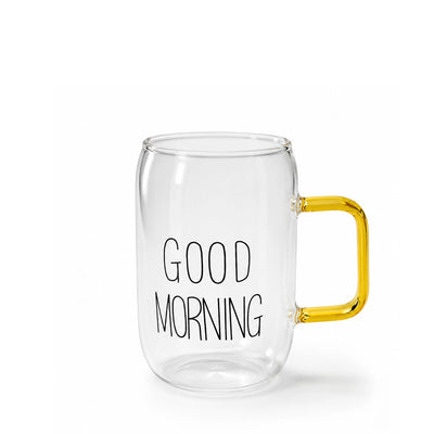Glass Mug 230ml Clear Glass Cup With Gold Handle And Good Morning Print Siddiq Gifts