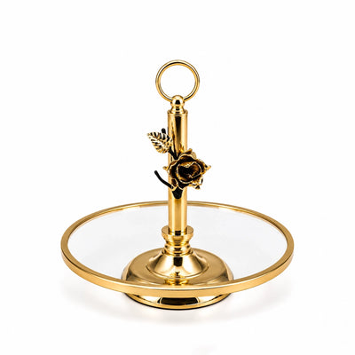 Glass Serving Stand 30 × 28 CM with Gold Floral Handle and Base Siddiq Gifts