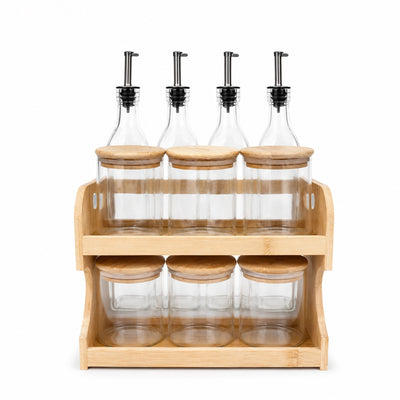 Glass Spice And Oil Dispenser Set 10 Piece With Bamboo Organizer Stand Siddiq Gifts