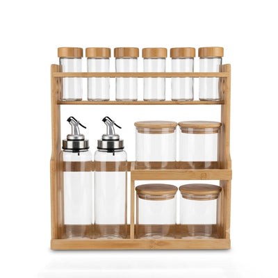 Glass Spice And Oil Storage Set 12 Piece With Bamboo Stand Siddiq Gifts