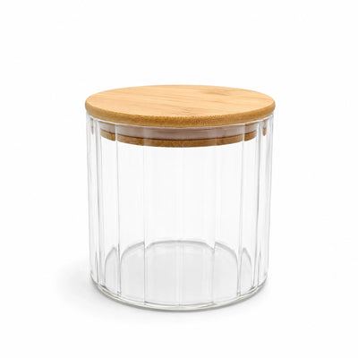 Glass Storage Jar 1000 ml Clear Ribbed Glass With Wooden Lid Siddiq Gifts