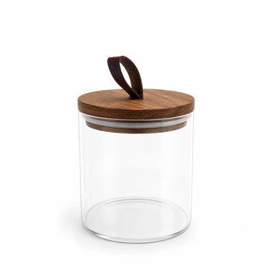 Glass Storage Jar 600 ml Clear Glass With Wooden Lid And Leather Handle Siddiq Gifts