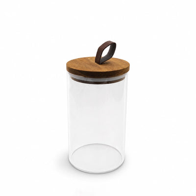 Glass Storage Jar 950 ml Clear Glass With Wooden Lid And Leather Handle Siddiq Gifts