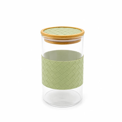 Glass Storage Jar With Decorative Sleeve And Wooden Lid 1150 ml Clear Glass Siddiq Gifts