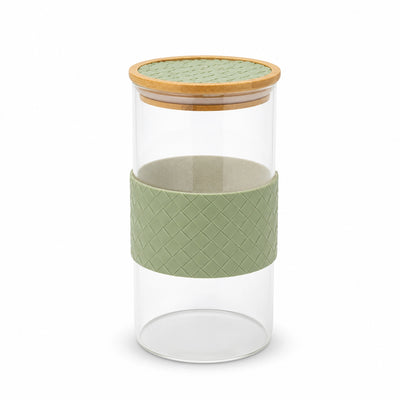 Glass Storage Jar With Decorative Sleeve And Wooden Lid 1450 ml Clear Glass Siddiq Gifts
