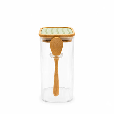 Glass Storage Jar With Wooden Lid And Spoon 700 ml Clear Glass Siddiq Gifts