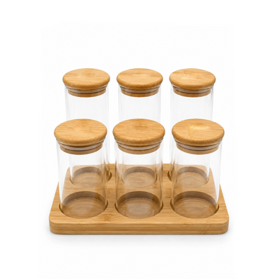 Glass Storage Spice Jar Set 6 Pieces with Wooden Stand and Bamboo Lids Siddiq Gifts