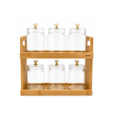Glass Storage Spice Jar Set 6 Pieces with Wooden Stand and Crystal Knob Lids Siddiq Gifts