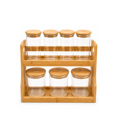 Glass Storage Spice Jar Set 7 Pieces with Wooden Stand and Bamboo Lids Siddiq Gifts