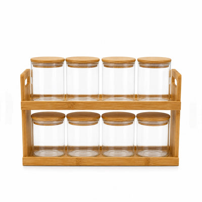 Glass Storage Spice Jar Set 8 Pieces with Wooden Stand and Bamboo Lids Siddiq Gifts