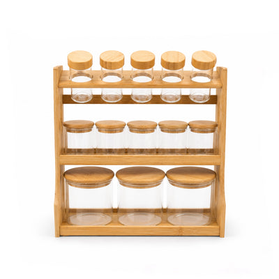 Glass Storage Spice Jar Set with Wooden Stand 13 Pieces Glass Jars with Bamboo Lids by Siddiq Gifts