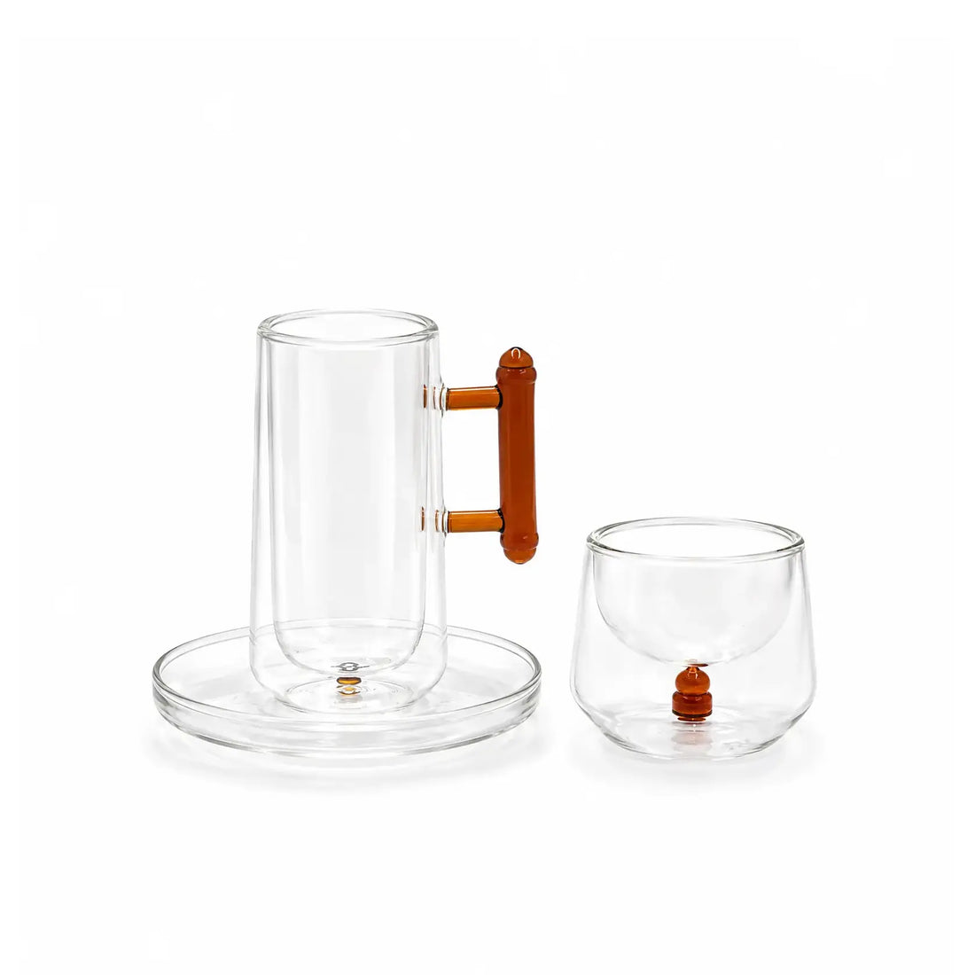 RZ1812 Glass Tea & Cawa Cup Set – 18 Pieces – Clear with Amber Handle Design