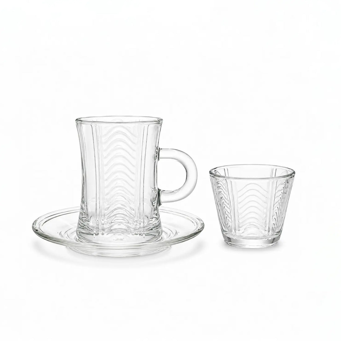 1470B0006 Glass Tea & Cawa Cup Set  – 18 Pieces  – Clear Textured Design