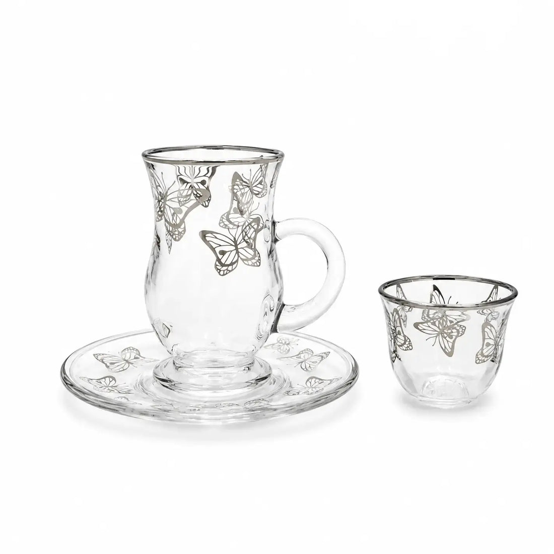 25065 Glass Tea & Cawa Cup Set – 18 Pieces – Clear with Silver Rim & Butterfly Design