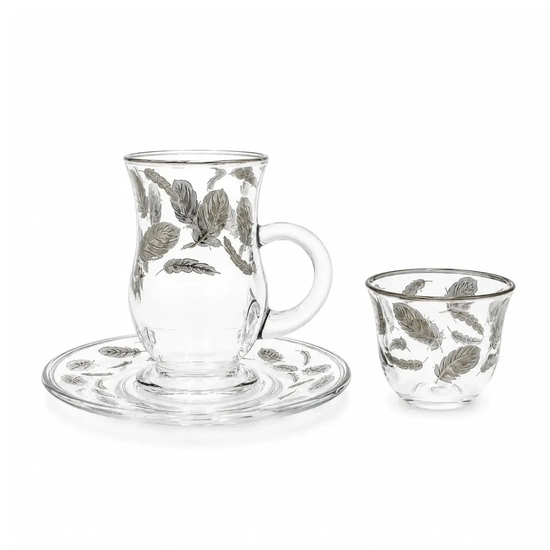 25049 Glass Tea & Cawa Cup Set – 18 Pieces – Clear with Silver Rim & Feather Design