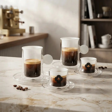 Glass Tea and Cawa Cup Set 18 Pieces White with Black Geometric Design by Siddiq Gifts